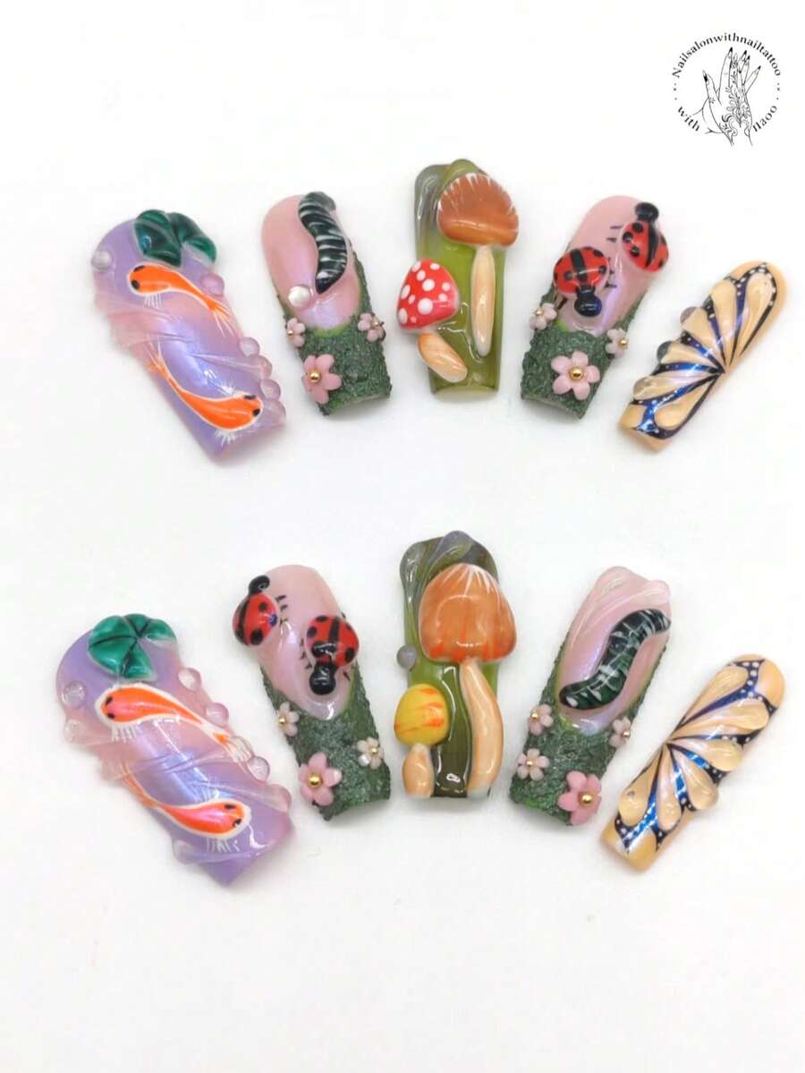 10片纯手工压制美甲贴片，长度33毫米，春季新款，绿色美甲贴片，紫色渐变美甲贴片，立体蘑菇造型、瓢虫造型、毛毛虫造型、3D粉色花朵造型、游鱼造型、水仙花造型、立体线条翅膀造型。可爱春季美甲，可个性化定制。 - 彩色 - 查看 1
