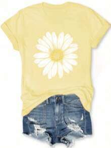 Camiseta de Verano para Mujer con Estampado de Flores de Margarita, Cuello Redondo Ajustado - Estilo Casual Retro, Unisex, Camiseta de Manga Corta de Algodón Cómoda, Nueva Colección de Veran - Amarillo - Ver 7