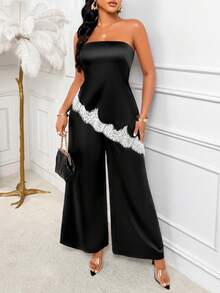 AIJ Elegant Strapless Long 2 Pieces Dress, With White Lace Trim, Suitable For Formal Occasions And Graduation Parties Black Summer - Black - View 3