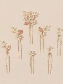 Bộ 7 kẹp tóc cô dâu hình hoa đính ngọc trai màu vàng hồng, phụ kiện tóc cưới đính pha lê. - Vàng - Xem 5