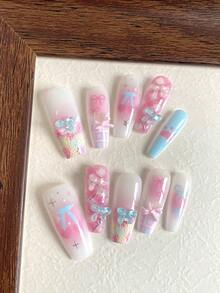 10pcs/Set Handmade Cute & Sweet Coffin Nail Stickers, Y2K Gradient Blush Base With Star, Checkerboard, Polka Dot And Multicolor Diamond Patterns - Multicolor - View 1
