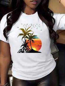 1PCS[OEM]1pc Summer Beach Sunset Landscape Printed Women's Soft Casual T-Shirt - Short Sleeve, Neck, Lightweight And Breathable, Perfect For Spring And Summer, Machine Washable - White - View 1