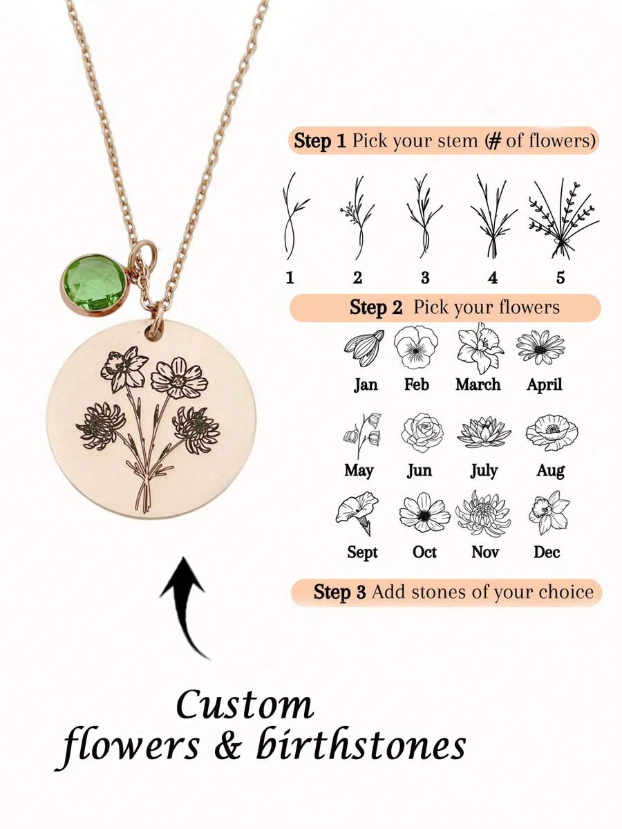 1 chiếc vòng cổ khắc tên cá nhân hóa theo tháng sinh của gia đình, bao gồm đá quý tượng trưng cho tháng sinh và mặt trăng, bộ trang sức Ngày của Mẹ tùy chỉnh, vòng cổ bằng thép không gỉ, quà tặng tùy chỉnh, vòng cổ gia đình, có thể tùy chỉnh 1-5 loài hoa tượng trưng cho tháng sinh, quà tặng Ngày của Mẹ, quà tặng cá nhân hóa cho người thân yêu, quà tặng trang sức thời trang, quà tặng sinh nhật, kỷ niệm, quà tặng ngày lễ tháng Năm.