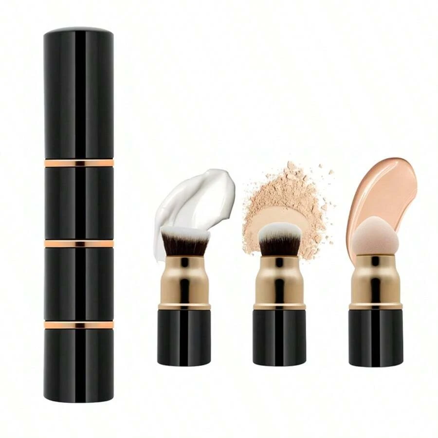 Brochas de maquillaje multifuncionales portátiles 3 en 1, desmontables con tapa, brocha para base, polvos y colorete, brochas de maquillaje versátiles que se desmontan fácilmente 3 en 1 - Multicolor - Ver 1