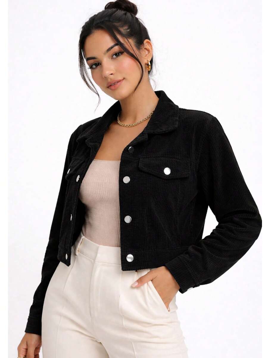 Women's Cropped Jacket With Gold Buttons – Casual Chic - Black - View 1