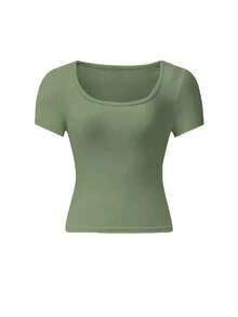 Set de 3 camisetas de mujer de manga corta con cuello en U, tops ajustados y cortos de color liso casual y de moda para el verano - Multicolor 9 - Ver 3