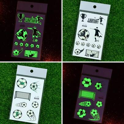 10张夜光足球贴纸，水转印贴纸，防水足球贴纸，足球比赛贴纸。图案包括足球、球门柱、奖杯、足球运动员等。适用于蜡烛、塑料瓶、陶瓷杯、笔记本和其他DIY创意用途。色彩鲜艳明亮，是音乐节、世界杯和足球迷装饰和加油助威的理想之选。（1/5/10张装）
