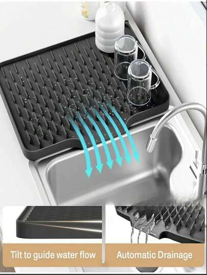 2/1pc Silicone Drain Mat, Non-Slip Countertop Mat With Built-In Drainage Channel, Heat & Impact Resistant, Multi-Purpose Mat For Kitchen Sink, Refrigerator And Various Surfaces, Easy To Clean