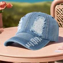 Distressed Washed Denim Baseball Cap, Casual Vintage Frayed Hole Design Adjustable Trucker Hat For Women - Blue - View 5