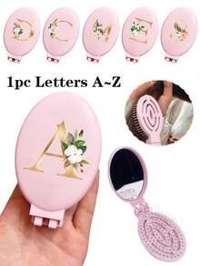 印有波西米亚花卉金色字母 A-Z 的粉色便携式镂空梳子化妆镜，集成便携式折叠镜梳子和化妆镜——便携式桌面现代旅行美容工具，带化妆镜的折叠梳子 - 彩色 - 查看 1