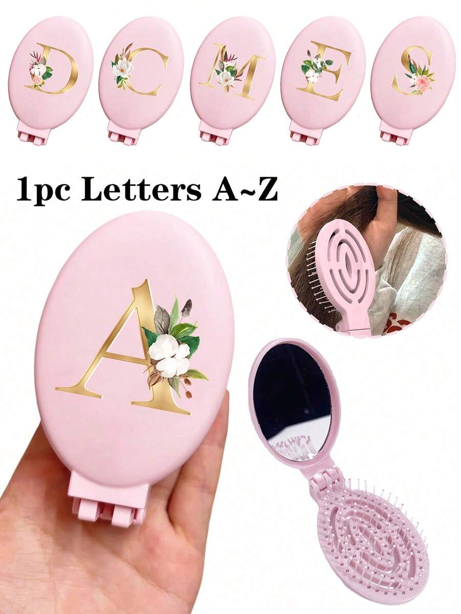 印有波西米亚花卉金色字母 A-Z 的粉色便携式镂空梳子化妆镜,集成便携式折叠镜梳子和化妆镜——便携式桌面现代旅行美容工具,带化妆镜的折叠梳子 - 彩色 - 查看 1