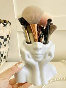White/Black Artistic Makeup Brush Holder, Creative Multifunctional Pen Cup, Makeup Brush Organizer, Decorative Sculpture, Office Supplies, Lightweight Desktop Storage Box, Suitable For Vanity, Bathroom, Office, No Assembly Required, Suitable As Birthday Gift, Room Decor - Multicolor - View 3