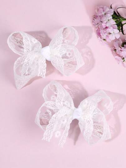 2pcs Cute White Lace Flower Hair Bows For Girls,Sweet Vintage Embroidered Decor Fashion Hair Barrettes & Clips,Wedding,Birthday Party & Daily Wear Hair Accessories