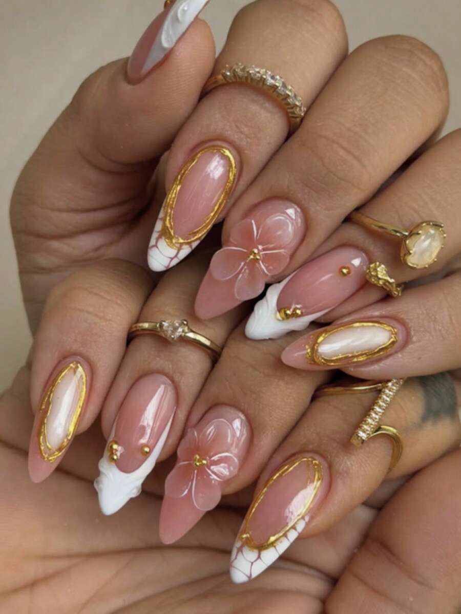 24pcs 3D Floral Decor False Nails, French White Short Almond Shape Fake Nails, Includes 1 Nail Sticker Sheet And 1 Nail File, Suitable For Daily Wear Manicure Set - Multicolor - View 1