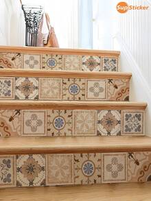 SUPSTICKER 1pc Bohemian Vintage Tile Pattern Stair Decal, Removable PVC Stair Tread Sticker, Suitable For Stairs, Hallway, Entryway, 3 Styles Available - 1pcs - View 2