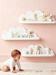1/2/3 piezas Estantes con forma de nube para habitación infantil, estantes de pared de madera con diseño de nube creativa para almacenamiento - Blanco - Ver 1