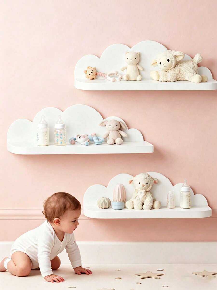 1/2/3 piezas Estantes con forma de nube para habitación infantil, estantes de pared de madera con diseño de nube creativa para almacenamiento - Blanco - Ver 1