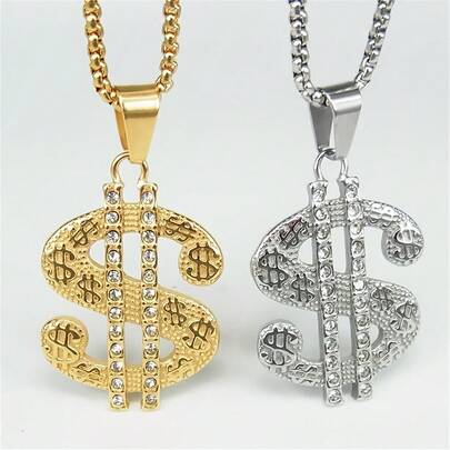 Dây chuyền hình đô la, mặt dây chuyền tiền phong cách hip hop bằng thép không gỉ mạ vàng bạc kèm dây chuyền, quà tặng trang sức cho nam giới yêu thích nhạc rap.