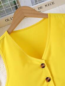 Tween Girl Solid Color Single-Breasted Top And Wide-Leg Pants Casual Daily Outfit - Yellow - View 3
