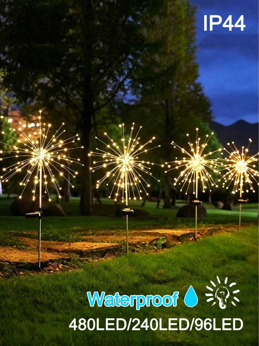 1pc 480LED/240LED/90LED Solar Powered Firework Lights, Solar Lights, LED String Lights, Waterproof Solar LED Lights, LED Solar Garden Lights, IP44, 8 Lighting Modes, Holiday Decor Lighting, Suitable For Villa, Balcony, Path, Lawn, Outdoor Area, Garden