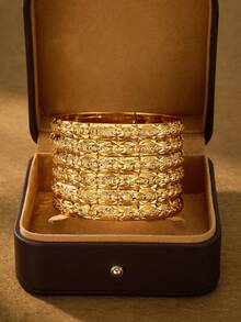1/3/6 Pcs Sandy-Gold Exquisite Hand-Carved Star Beautifully Plated 24k Gold 8mm Wide Bracelet Suitable For Women, Excluding Box - Yellow Gold - View 4