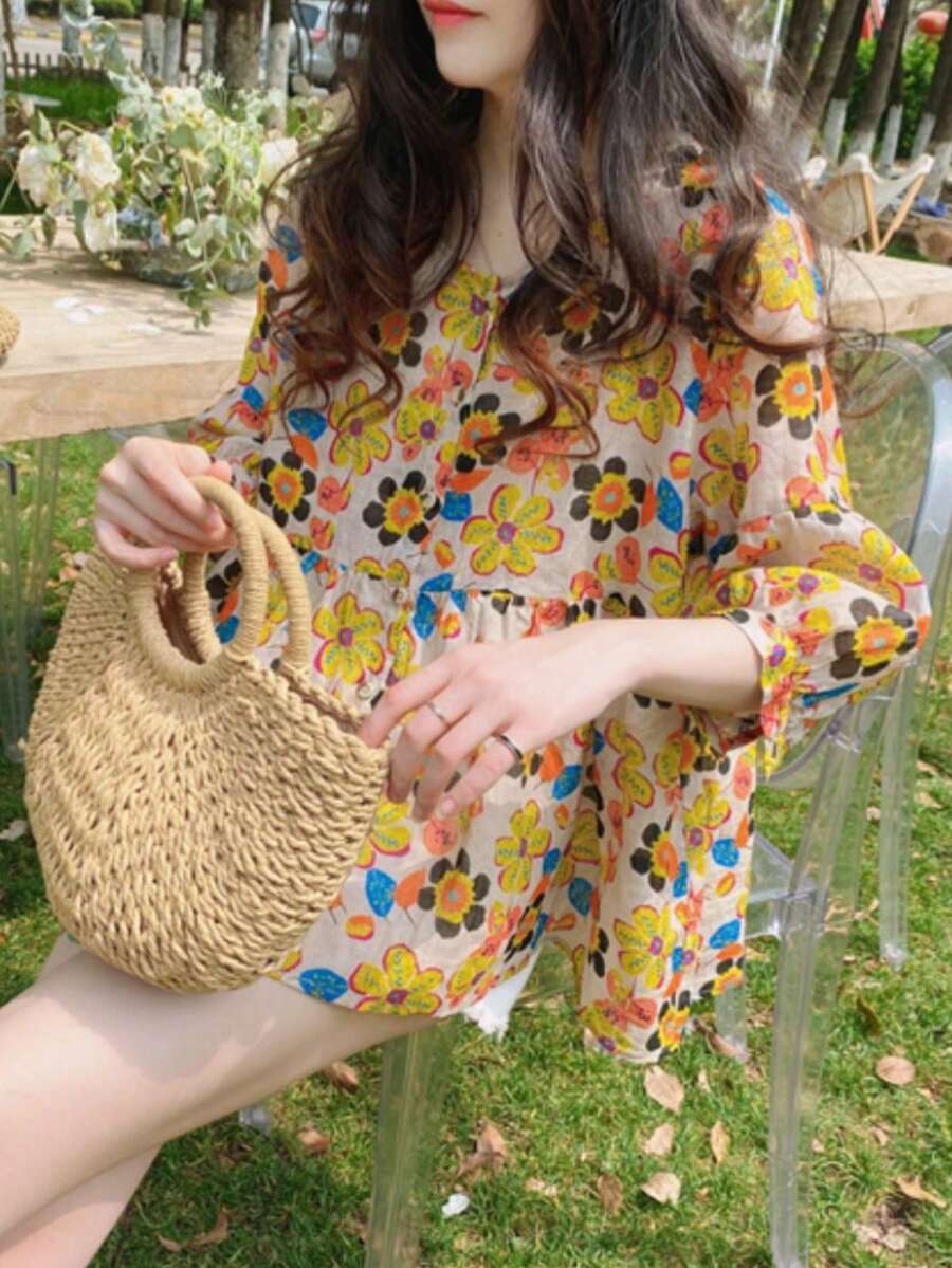Summer New Loose Sweet 3/4 Sleeve Round Neck Doll Shirt, Fashionable Batwing Sleeve Floral Blouse Vacation Spring