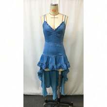 Women's Vintage Western Denim Dress With Ruffle Hem And Thin Shoulder Straps - Lightweight Asymmetrical A-Word Mid-Length Dress, Solid Color Vintage Western Style For Casual, Party, Daily Wear - Machine Washable Spring, Summer And Autumn Clothing (Without Belt) - Western Party Clothing, Women's Denim Dress, Irregular Ruffle Skirt, Non-Elastic Fabric, Symmetrical Design, Suitable For Vacations And Parties, Country Women's Dress, High Quality Women's Dress - 藍色 - 查看 4