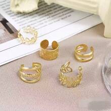 一套5个金色叶子耳夹，夹式耳环，时尚双层耳夹，优雅珠宝礼品，女士之选 - 金色 - 查看 2