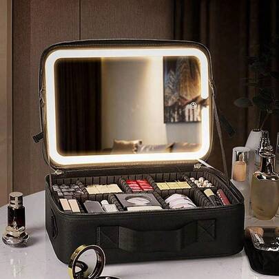 1个600mAh旅行化妆包，带镜子，大容量化妆品收纳盒，便携式旅行化妆包，带LED灯，化妆镜，照明，LED灯，夜灯，照明，旅行收纳配件，化妆箱，大容量化妆品收纳盒，化妆盒，可收纳口红、化妆刷、护肤品、手机、硬币、小物件，多用途，适合居家、送礼、度假、节日（万圣节、圣诞节），波西米亚风格
