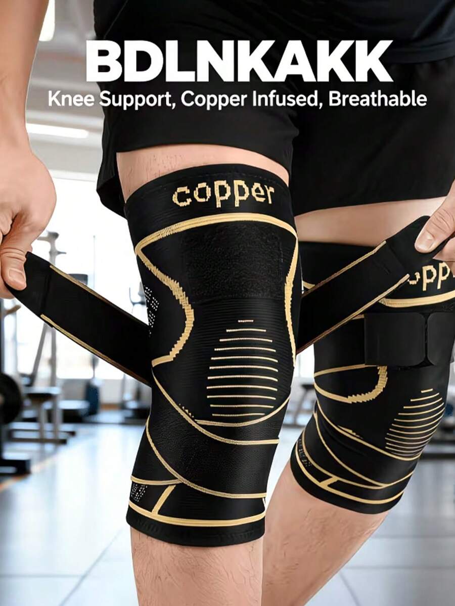 1pc Black Copper Knee Brace With Strap, Quick Buckle Closure, Nylon Blend Compression Sleeve, For Men, Modern Design, Comfortable & Durable, Suitable For Daily Activities, Breathable & Stable Support