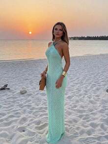 Women's Faux Pearl Decor Camisole Dress, Lace-Up Blue Loose Dress, Bohemian Style Bodycon Pencil Dress. Suitable For Beach Outings, Casual Vacation, Music Festivals, Beach Parties, And Cocktail Events Summer - Màu xanh bạc hà - Xem 6