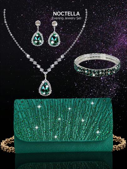 Noctella 四件套水钻首饰套装，包括闪亮项链、耳环和手链，搭配饰有闪亮水钻的女士手拿包，优雅奢华的晚宴钱包，新款时尚褶皱翻盖信封包，适合派对、婚礼、舞会、宴会/晚宴，也是送给女孩的完美礼物。