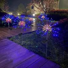 1个太阳能烟花灯，200颗LED灯珠，铜线串灯，适用于圣诞节草坪、小路、花园装饰 - 暖白 - 查看 5