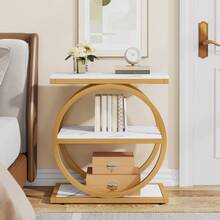LITTLE TREE End Table With Storage Shelves, 3-Tier Wooden Industrial Sofa Side Table With Black Metal Frames For Living Room, Slim Nightstand And Bedside Table For Bedroom, White & Gold - 白色和金色 - 查看 6