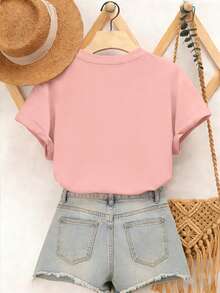 卡通兔子印花圆领T恤，春夏休闲柔软上衣 - 粉色 - 查看 10