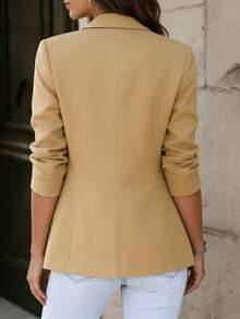 Chaqueta de oficina de solapa de un solo pecho de unicolor para mujer - Caqui - Ver 3