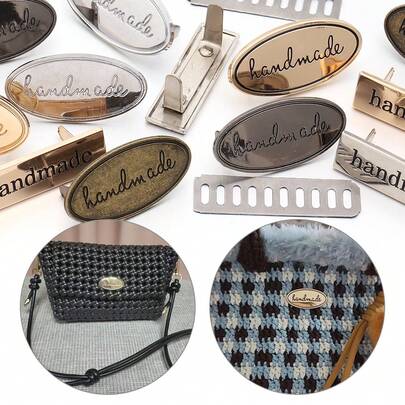 2 Sets de decoración frontal de bolso hecha a mano de hierro, etiqueta ovalada/cuadrada hecha a mano, placa de metal, accesorios de bolso para reciclaje de bolsos, firma de cuero/tela artesanal exclusiva, etiqueta de bolso hecha a mano DIY