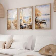 3 Stück Aquarell Küsten Strand Leinwandkunst, Strandpromenade Fensterblick Boot Drucke, neutrale Boho Dekoration für Wohnzimmer Schlafzimmer, moderne Küsten Heimdekoration, ohne Rahmen - 821 - Übersicht 6
