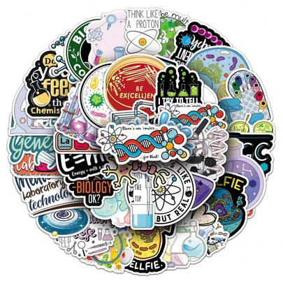 50张科学贴纸 化学贴纸 涂鸦装饰贴纸 趣味卡通贴纸 彩色贴纸 可用于水瓶、吉他、行李箱、手机、手机壳、笔记本电脑、滑板等，是送礼佳品。