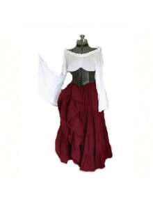 Women's Long-Sleeved Maxi Dress, Medieval Renaissance Costume, Cosplay Outfit - Burgundy - View 5