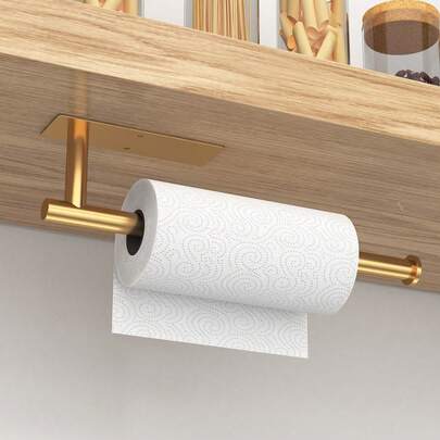 1个不锈钢金色壁挂式纸巾架，适用于家庭