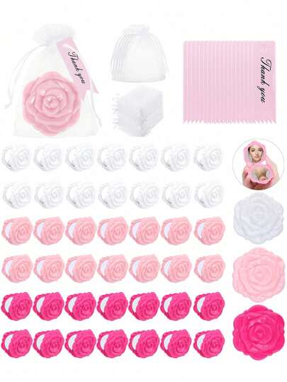 Bộ 15/6/1 - Gương trang điểm mini hình hoa hồng 2.6 inch kèm thiệp cảm ơn và túi vải organza, gương trang điểm cầm tay gấp gọn hai mặt, thích hợp làm quà tặng cho tiệc mừng em bé, tiệc cưới, quà cho phù dâu, quà cho khách mời, đồ dùng cho tiệc cưới.