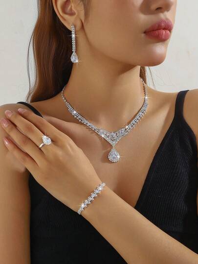 Bộ trang sức 5 món cao cấp đính đá Zirconia hình giọt nước, gồm dây chuyền, bông tai, vòng tay và nhẫn, thanh lịch và thời trang, thích hợp đeo hàng ngày/đám cưới/dự tiệc.