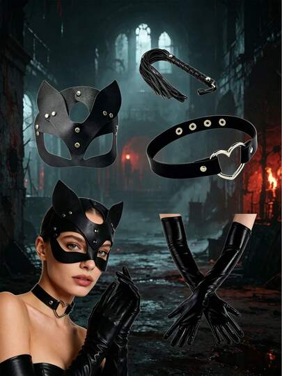 Set de 5 piezas de accesorios de disfraz de cuero sintético de unicolor para fiesta, estilo punk, para uso en escenario y actuaciones, que incluye antifaz, látigo, collar con forma de corazón y guantes de cuero de 55 cm de largo, utilizados como accesorios de disfraz para fiestas y bailes