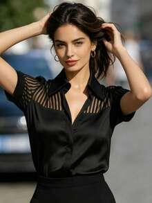 Women's Elegant Blouse, Satin Urban Mandarin Collar Shirt Black Summer - Black - View 2