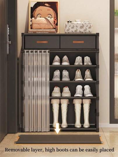 1pc Multi-Tier Shoe Rack With Curtain, Shoe Cabinet, Storage & Display Shelf With Drawer, High Capacity Shoe Organizer, Suitable For Indoor & Outdoor Use, Ideal For Entryway, Home, Holiday & Christmas Gift, Children's Gift