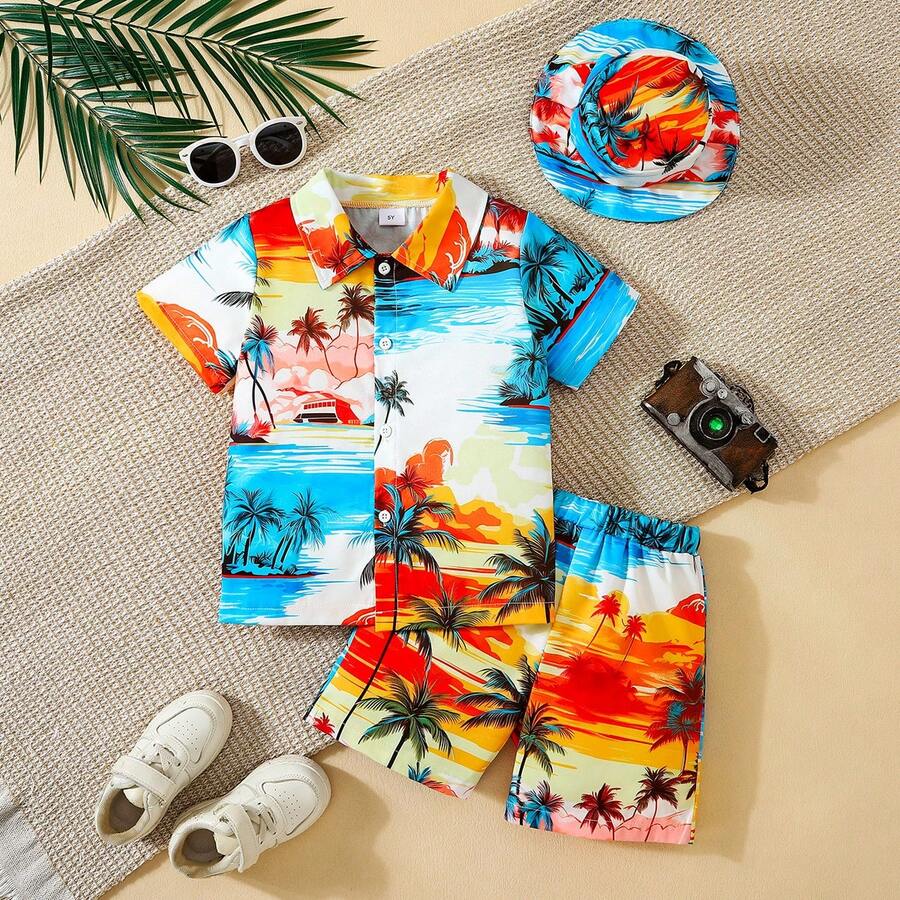 Set 3pcs/Set Kemeja Lengan Pendek Motif Cetak untuk Anak Laki-laki, Celana Pendek & Topi, Modis & Minimalis, Koleksi Terbaru Musim Panas 2025 - MultiWarna - View 1