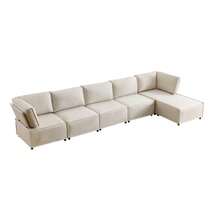 Set Of Semi-Compressed Modular Wooden Sofas, Versatile, Flexible And Easy To Connect, Suitable For Any Type Of Home, Upholstered In Beige Linen Fabric (Combination 2A+3B+C). - Beige - View 7
