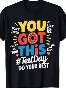 Camiseta Motivacional para Maestros "Rock The Test Testing Day" - "¡Tú lo logras!" - Mismo Estilo para Hombres y Mujeres - Camiseta Estampada de Manga Corta Verano 2026 - 180G - Negro - Ver 1
