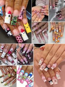 SANRIO 240片Hello Kitty美甲贴纸（10种混合图案/套），中号方形Y2K豹纹和牛奶盒图案法式美甲贴纸，包含可爱的3D凝胶Hello Kitty、Kuromi和Pompompurin装饰，以及水钻、钻石、蝴蝶结和心形珍珠设计，粉色少女风和赛博朋克风，完美适用于亚克力美甲套装，包含1瓶胶水和1个指甲锉，适合女性和女孩日常、派对和聚会使用。 - 彩色 - 查看 3